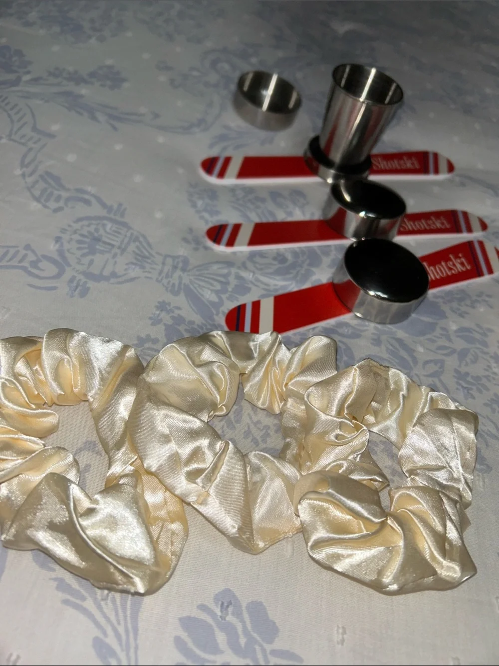 New Set of 3 Travel Kit- Cream Satin Scrunchies & Plush Eye Masks Set